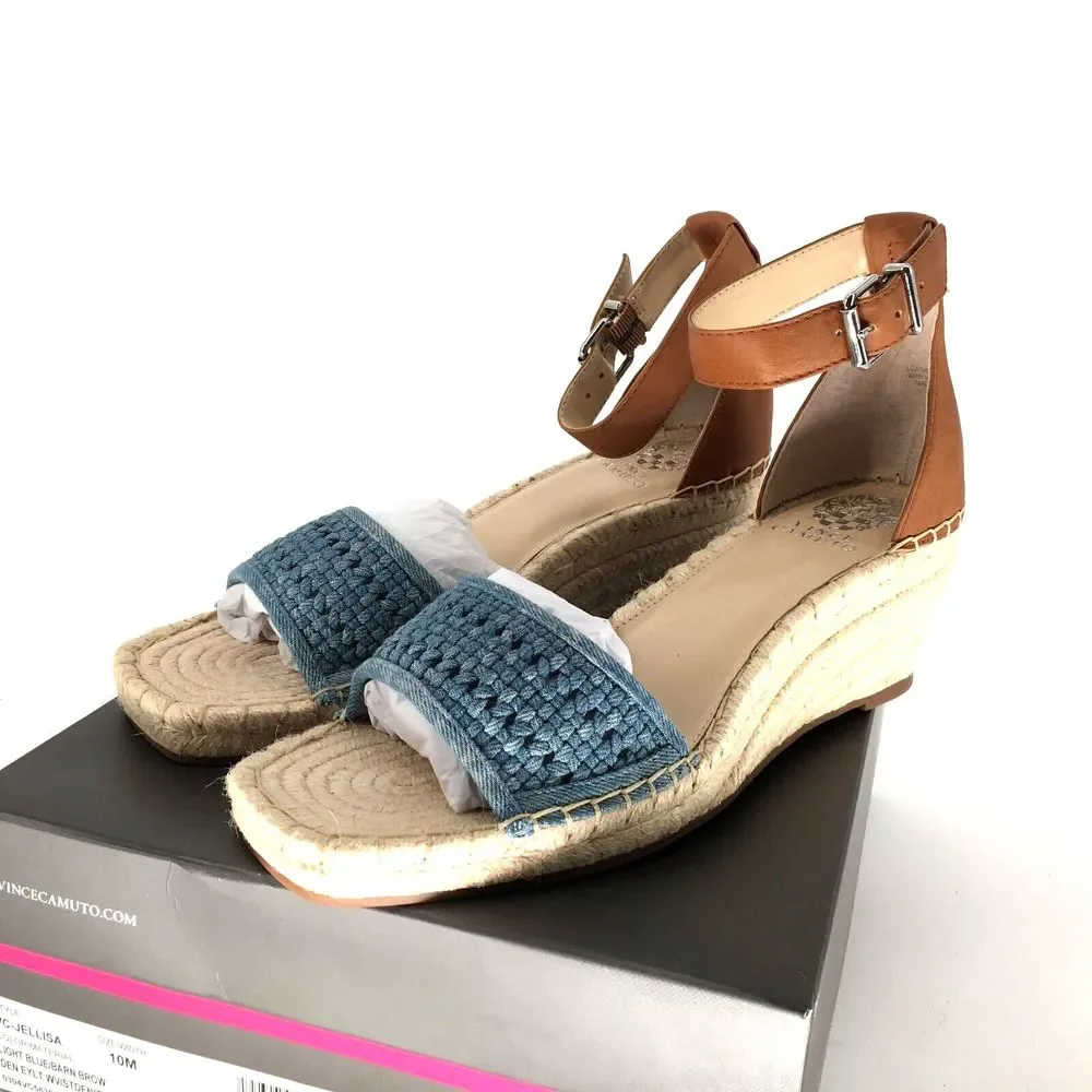 NIB Vince Camuto Jellisa Espadrille Wedge Sandal Light Blue/Barn Brown Size 10